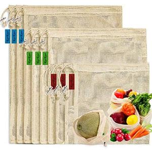 KerKoor Reusable-Cotton-Mesh-Produce-shopping-Bags-Washable Eco Friendly Premium See Through Lightweight Net zero Bulk Bags for Veggie Fruit Vegetable Grocery Storage (9 Packs)