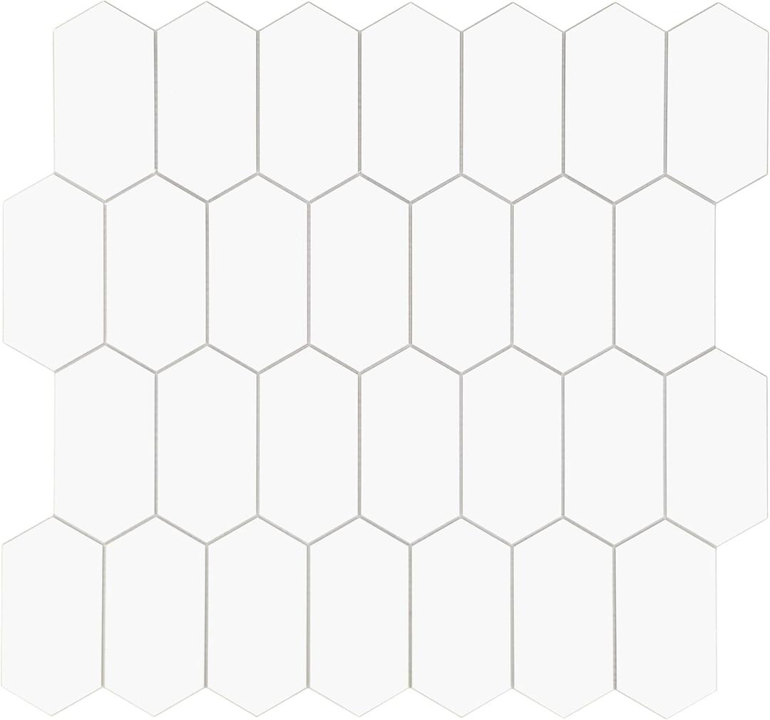 The Tiles Plaza 10Sheet Peel and Stick Backsplash, 12" x 11.5" White Long Hexagon SelfAdhesive Wall Tile, Stone Composite Stick On Decorative Mosaic Tile for Kitchen Bathroom Fireplace