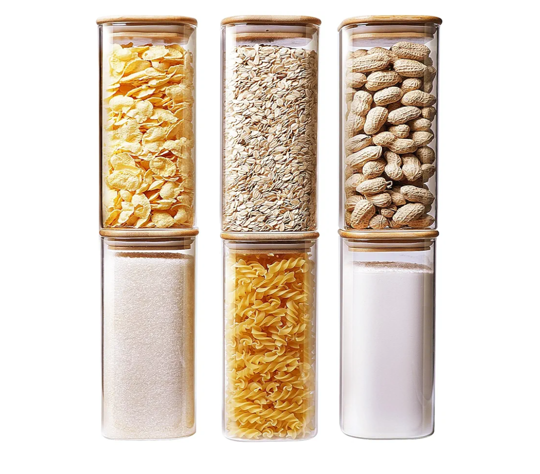 Square Glass Jars with Bamboo Lids 30 FL OZ [Set of 8], Glass Canisters with Airtight Lid, Glass Food Storage Container for Pasta, Flour, Sugar, Rice, Best for Kitchen & Pantry