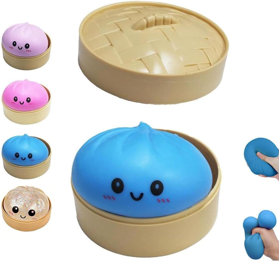 Dumpling Squishies Toy, Giant Glitter Dumpling, Colorful Dumplings Stress Balls Fidget Sensory Toy,Soft Squeeze Decompression Dough with Food Steamer, Stretchy Desk Toys (Blue)