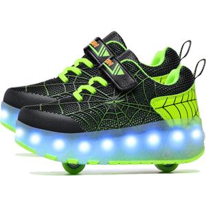 Aikuass USB Chargable LED Light Up Roller Shoes Wheeled Skate Sneaker Shoes for Boys Girls Kids (3.5 Big Kid, B808-double Wheels-black/Green)