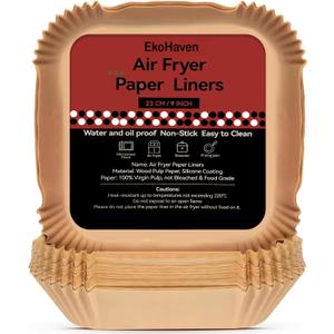 EkoHaven's new Signature Air Fryer Paper Liners, 127Pcs Air Fryer Disposable Liners - Non-Stick and Oil Proof for Easy Cleanup, 9” Square for 5-9qt Baskets Pack of 2