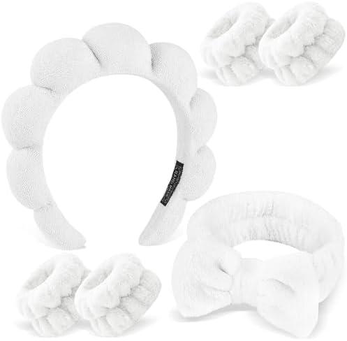 Zkptops 6Pcs Spa Headband for Washing Face Wristbands Set Women Bubble Makeup Sponge Terry Cloth Padded Puffy Skincare Headband Bow Tie Hairband Cute Non Slip Thick Hair Accessory Gifts (White)
