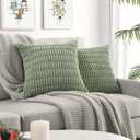Volcanics Pack of 2 Sage Green Decorative Throw Pillow Covers 18x18 Inch, Soft Corduroy Striped Square Cushion Cases, Modern Farmhouse Boho Home Decor for Spring Couch Bed Sofa Living Room