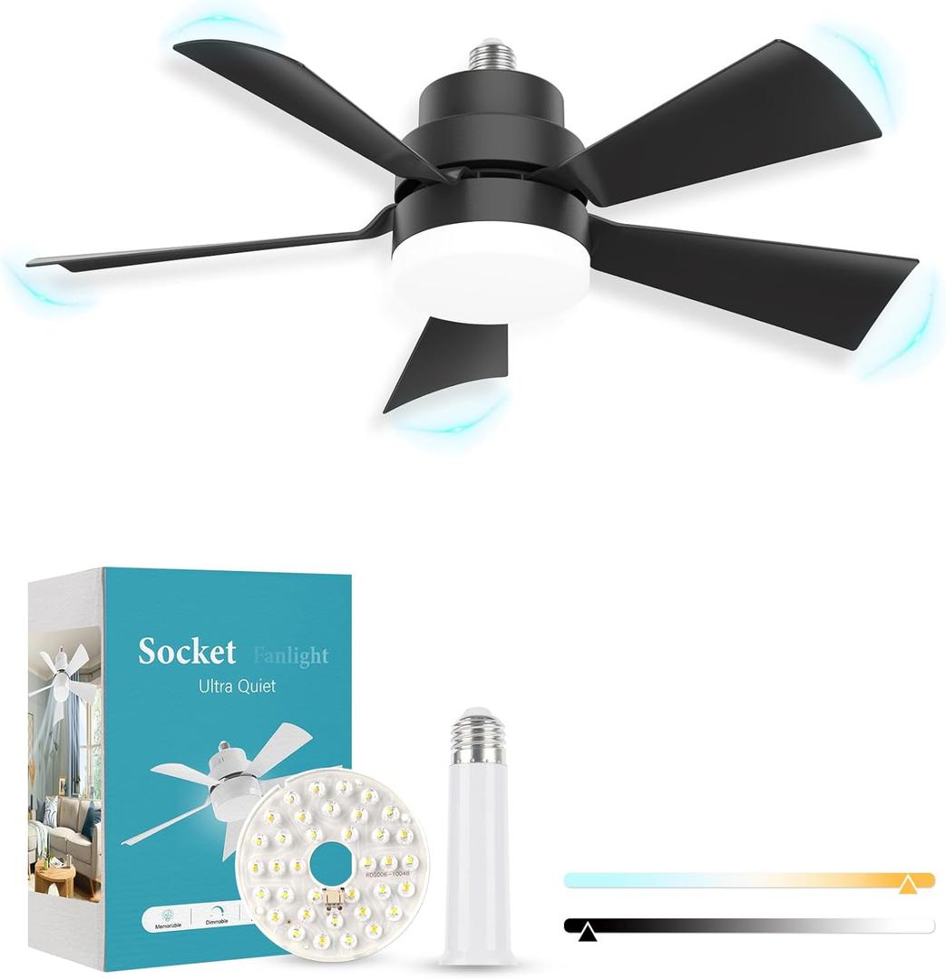 Socket Fan Light, E26 E27 Screw in Ceiling Fans with 1 Spare Lightbulb 20.5 in, Light Fan with Lights Dimmable for Kitchen Garage Laundry Room Black