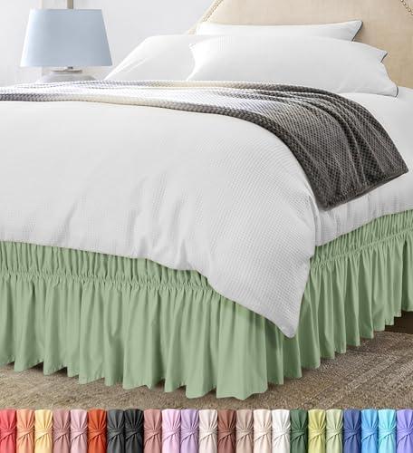 Wrap Around Ruffle Queen Size Bed Skirt – Adjustable Buckle & Elastic Belt for Easy Installation, 16 Inch Drop – Brushed Microfiber - Machine Washable, Fade and Wrinkle Resistant, Sage