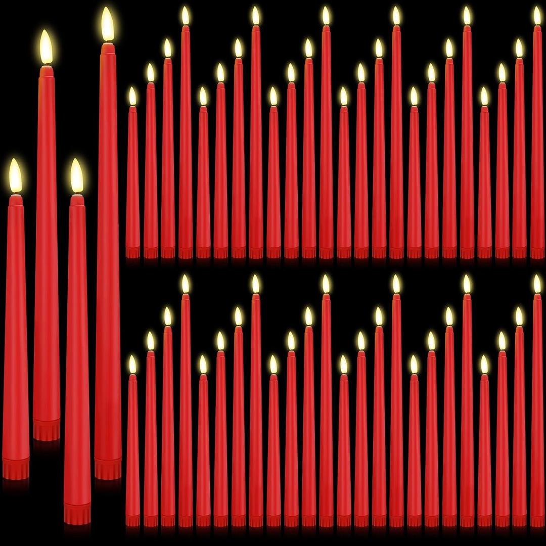 48 Pcs Flameless LED Taper Candles Battery Operated Candles 4 Sizes of 8.5'', 9.65'', 10.83'', 12.8'' Flameless Candlesticks Flickering for Halloween Christmas Church Wedding (Red)