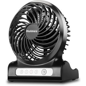 HOLMES 4" Personal Fan, Rechargeable Battery, 3 Speed Settings, Lightweight, Compact and Portable, Adjutstable Head, Home and Office, USB Cable, Black Finish HOLMES 4" Personal Fan, Rechargeable Battery, 3 Speed Settings, Lightweight, Compact and Portable, Adjutstable Head, Home and Office, USB Cable, Black Finish