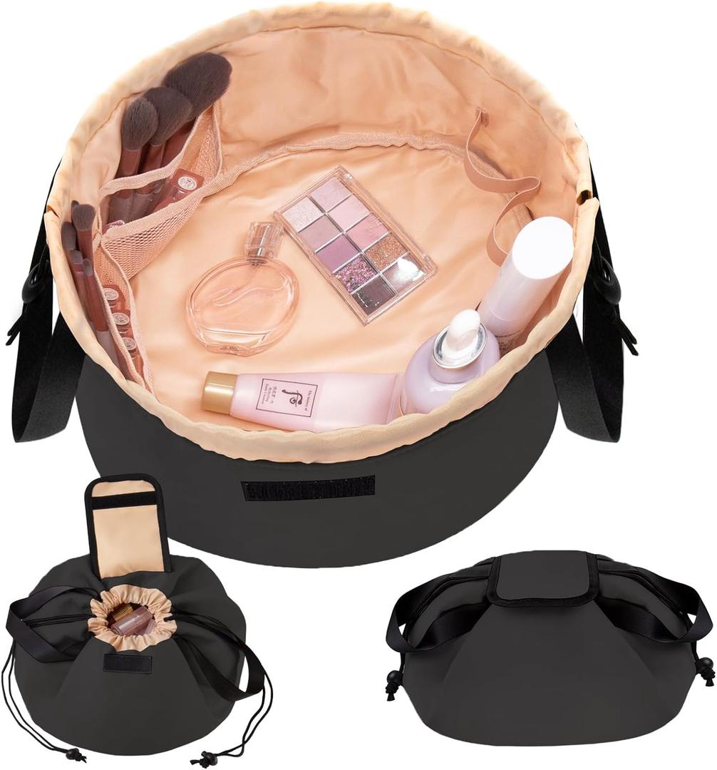 Drawstring Makeup Bag Large Travel Makeup Bag,Portable Large Capacity Cosmetic Bag Toiletry Organizer for Travel Accessories Make Up Essentials,Mother Gifts (Black)