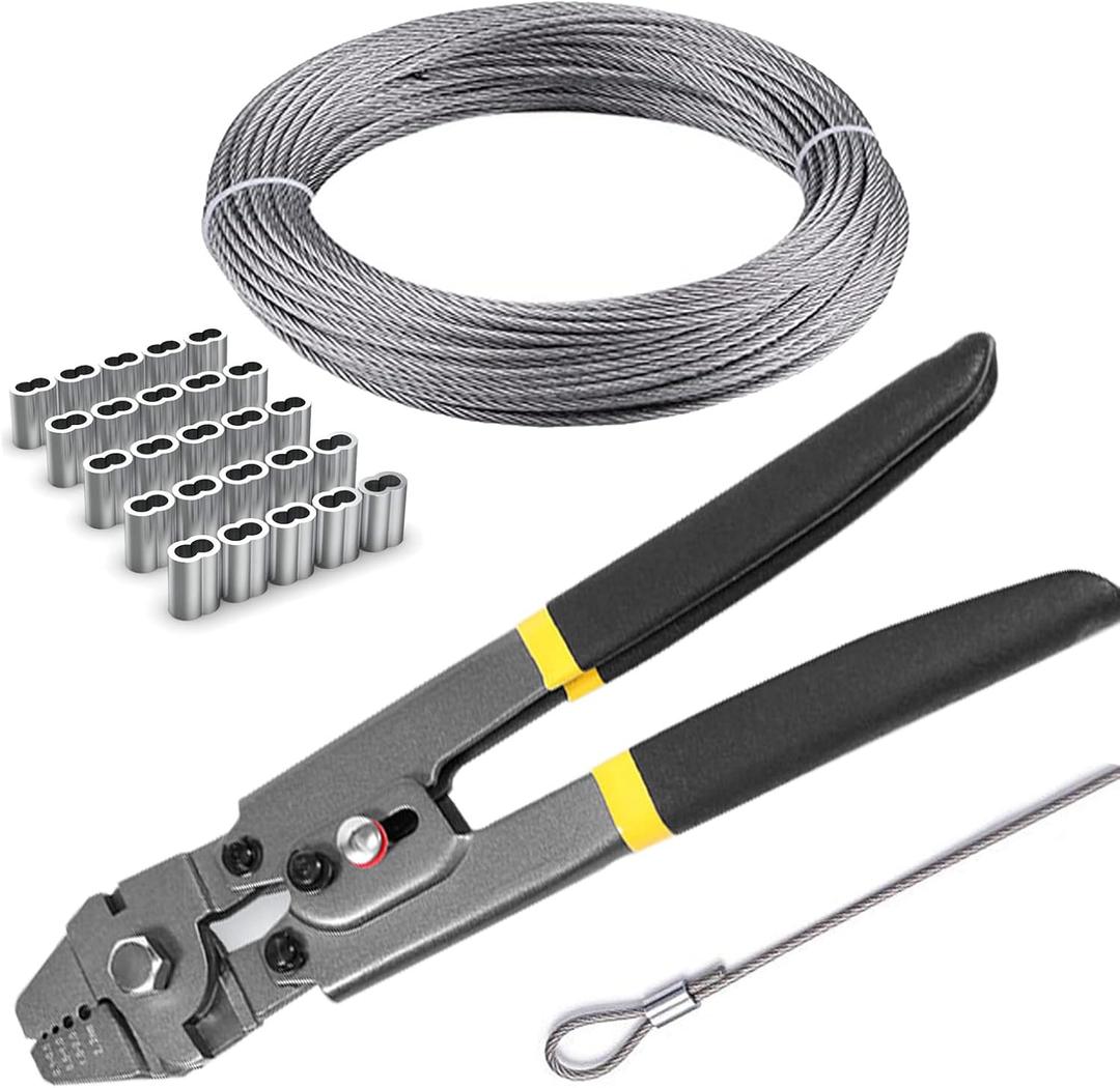 Stainless Steel Wire Cable Crimping Tool Kit, Cutter &Crimper Plier, 100FT 304 Wire Rope, 100pcs Aluminum Sleeves Stops Complete Kit (1/64'' Stainless Steel Cable Kit)