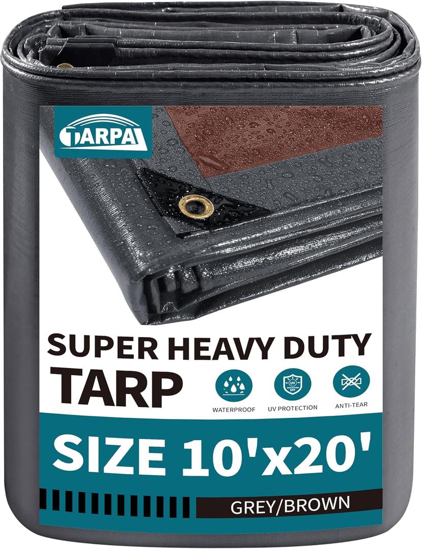 TARPAL tarp 10x20 Feet Super Heavy Duty Tarps Cover 20mil Waterproof UV Protection Rip and Tear Proof Tarpaulin with Grommets(Grey/Brown), 10x20 Feet-Finished size