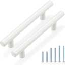Probrico 10 Pack| 3-3/4" Hole Centers White Modern Kitchen Cabinet Pulls Drawer Handles Euro Round T Bar Pulls Stainless Steel Dresser Pulls Furniture Hardware-6" Overall Length