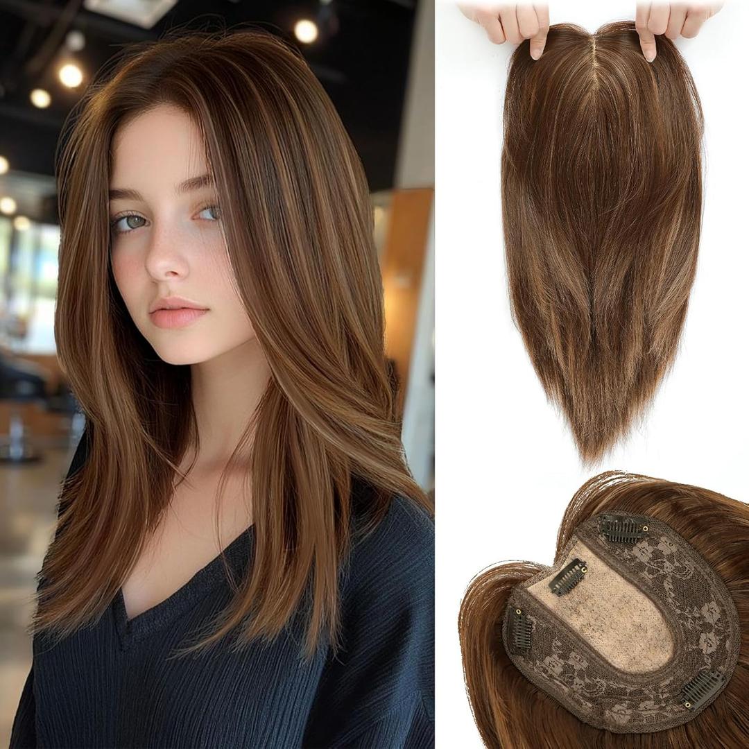 MEDO Hair Toppers for Women, 14 Inch Light Brown Mix Honey Blonde Short Hair Topper, Straight Toppers Hair Pieces for Women
