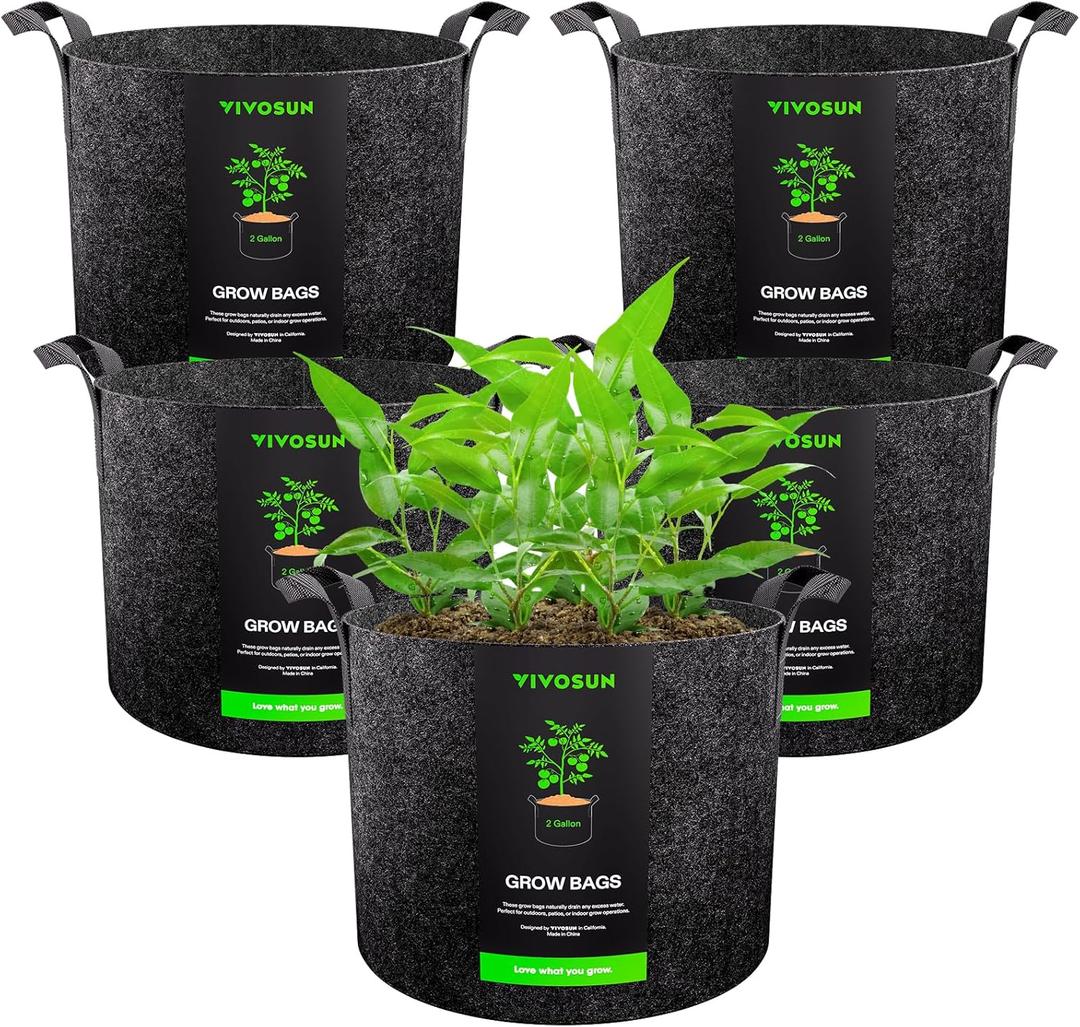 VIVOSUN 5-Pack 2 Gallon Grow Bags Heavy Duty Thickened Nonwoven Fabric Pots with Handles (Black)