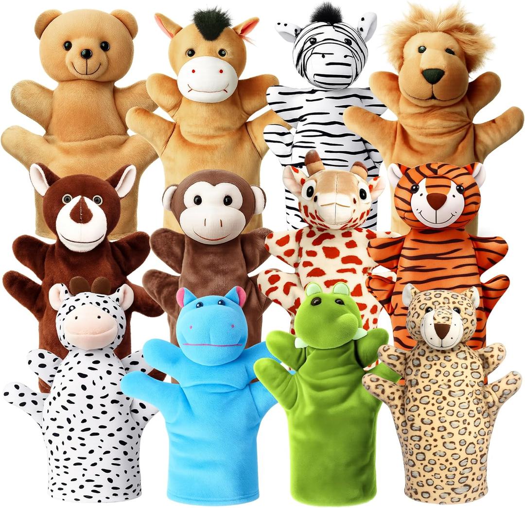 Hand Puppets for Kids, 12 Pcs Animals Plush Puppets Set for Toddlers, Small Stuffed Animals Bulk Pretend Play Plush Toys, Show Theater Graduation Gifts Classroom Reward Carnival Prizes for Girls Boys