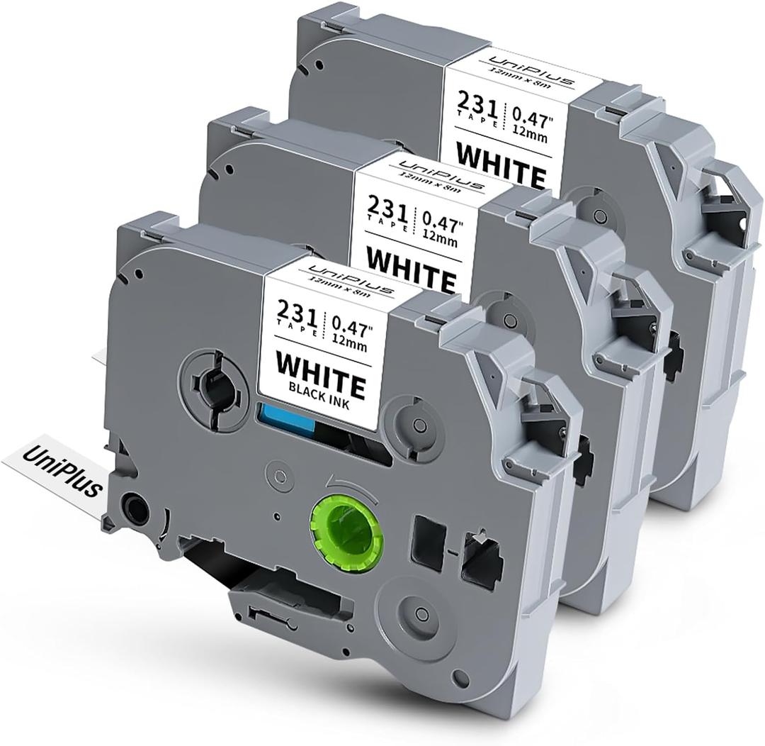 Compatible for Brother P Touch TZe-231 TZe231 TZ-231 Tape Work for Ptouch Refills PT-D210 PT-D220 PT-H100 PT-D600 Label Tape 12mm 0.47 Inch Laminated White TZ Tape, Black on White, Pack of 3
