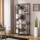KINGBO 6-Shelf Display Shelf, 78" Tall Etagere Bookshelf, Staggered Bookcase Shelf with Metal Frame, Modern Open Curio Display Shelving Unit for Living Room Bedroom, Black