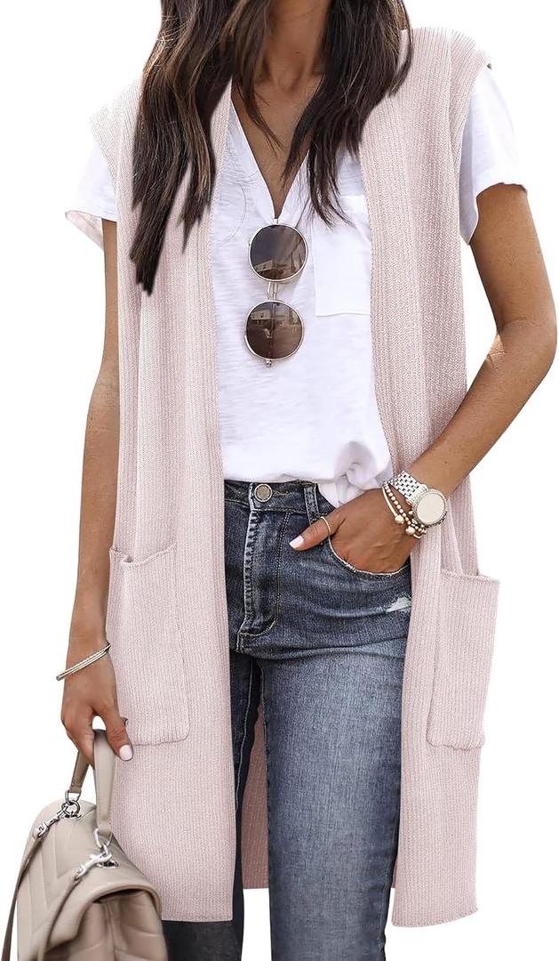 ZXZY Women Casual Sleeveless Open Front Tunic Vest Long Cardigan Tops Coat (X-Pocket Apricot, X-Large)