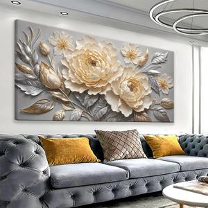 Canvas Art Wall Decor Print Silver White Flowers Wall Art For Living Room 24" X 48"