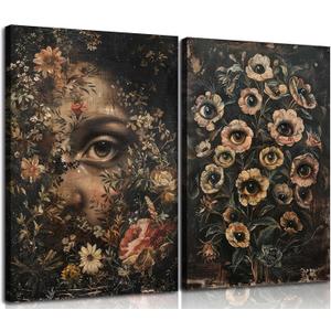 2Pcs Vintage Gothic Eye Wall Art Dark Victorian Floral Canvas Paintings Mystical Eyeball Posters Moody Aesthetic Pictures Black Melancholy College Style Prints for Halloween Wall Decor Framed (12x16 inches)