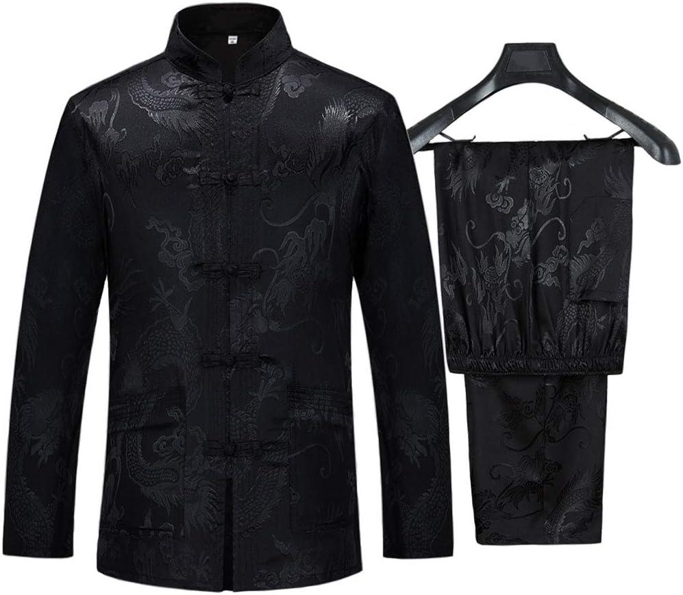 Tang Suit Men Hanfu Chinese Traditional Clothes Kung Fu Shirt Uniform Long Sleeved Coat Tops and Pants (Black, M)