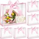 Aliceset 12 Pcs Clear Plastic Gift Bags with Die Cut Handles Reusable Party Favor Bags with Ribbon for Mother's Day Wedding Graduation Bridal Shower Baby Shower, 12 x 10 x 5''(Pink)