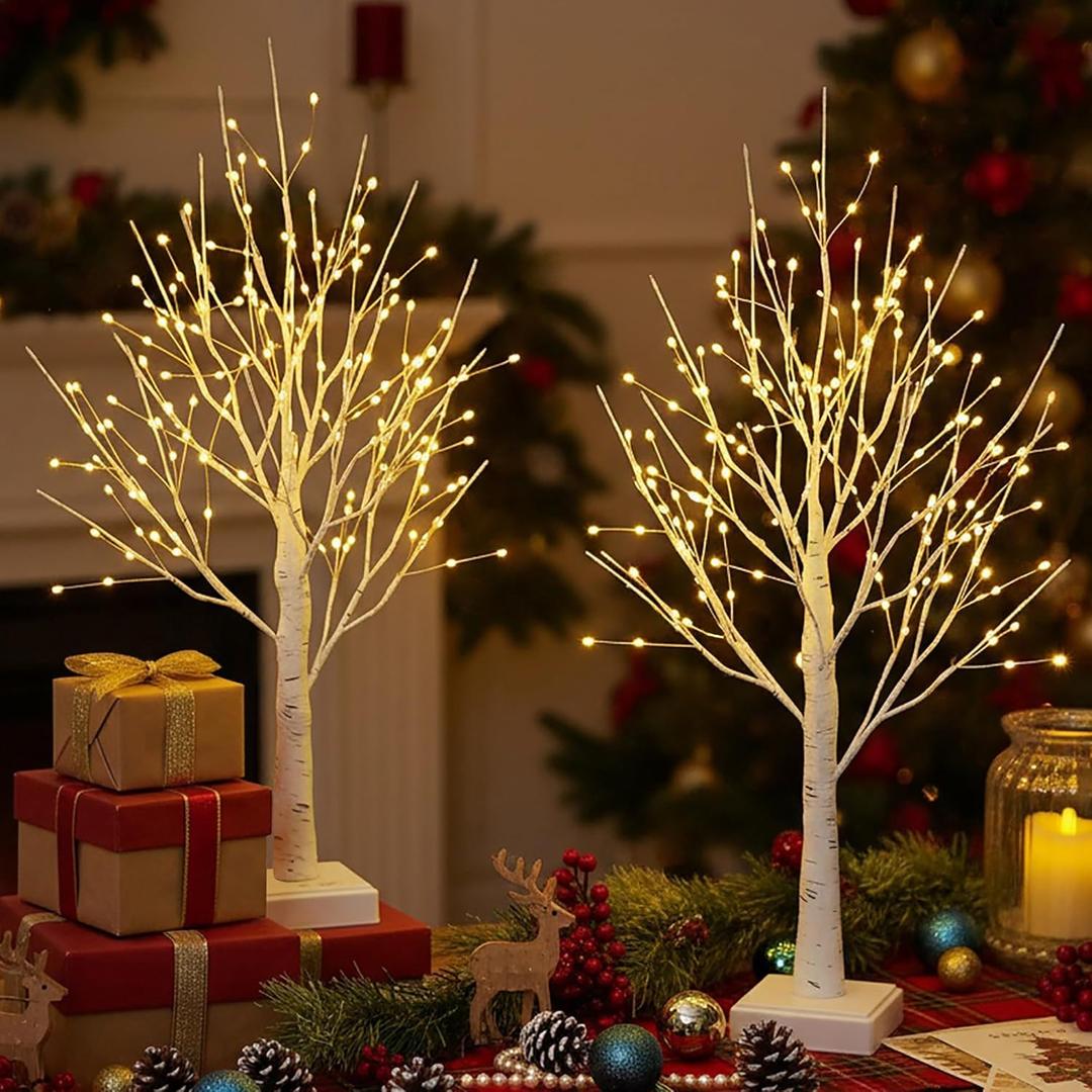2 Pack Lighted Trees for Indoor Decor with Timer, 144 LED 2FT White Light up Birch Tree Tabletop Lamp for Birthday Thanksgiving Wedding Decor, Small Christmas Tree with Lights