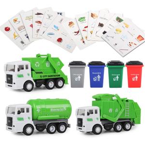 FIVEDAOGANG Garbage Truck Toy, 3 Pack Friction Powered Waste Management Garbage Truck Game with Front Load Dumpster, Back Dump Garbage,4 Trash Bins with 108 pcs Trash Cards, Gift for 3+ Years Old Kids