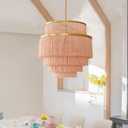 5-Tiered Boho Chandelier Gold,3 Lights Pink Fringe Pendant Light Fixture,Tassel Chandelier for entryway,Dining Room,Baby Nursery,Bedroom