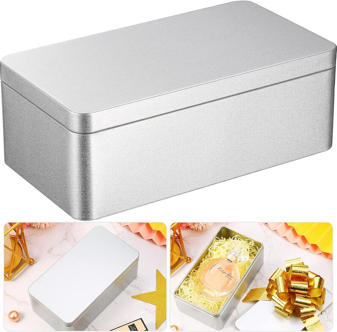 Hotop Silver Rectangular Empty Tin Box Containers, Gift, Jewelery and Storage Tin Kit, Home Organizer (7 x 3.8 x 2.5 Inch)