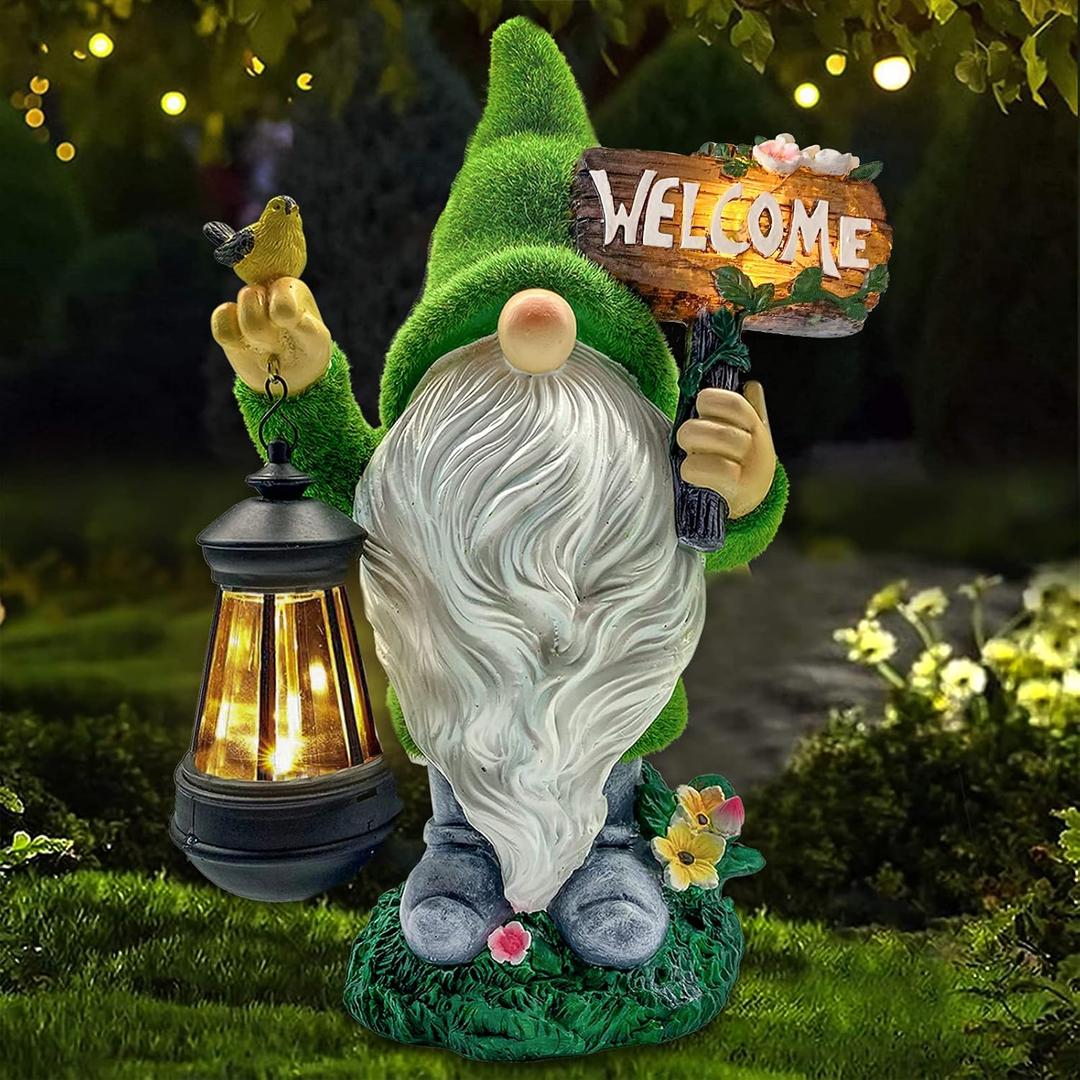 Lovinland Garden Gnome Statue Outdoor Decor Large Flocked Resin Gnome Figurine with Solar Light Holding Lantern Welcome Sign Garden Yard Decorations Dwarf Sculpture for Outside Patio Porch Lawn Decor, 35,1 x 21,1 cm