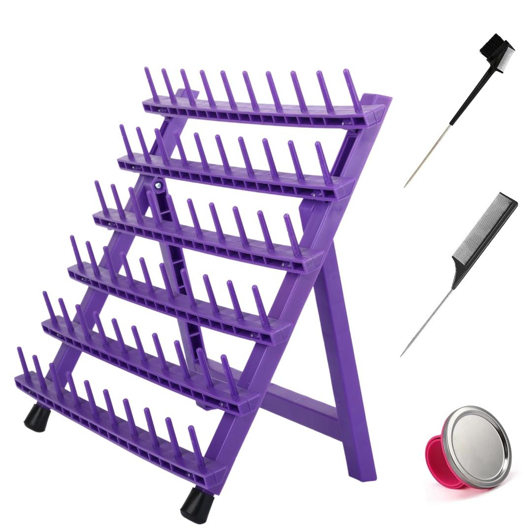 Braiding Hair Rack with 60 Pegs Standing Versatile Extension Hair Holder with 60 Spools - Ergonomic Braid Stand for Stylists - Time-Saving (purple)