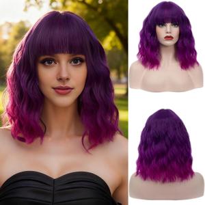 Women's Pink Brown Wig Short Curly Wavy Wig Shoulder Length Flat Bangs Wig For Women Girl Cosplay Party Halloween Wig Cap Included (Bright Purple Ombre)