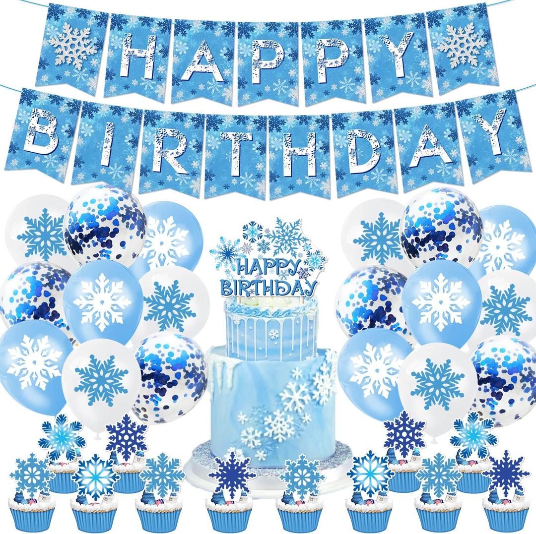 Winter Wonderland Party Decorations Snowflake Happy Birthday Banner Cake Toppers Blue White Snowflake Balloons Winter Wonderland Boys Girls 1st Birthday Party Supplies