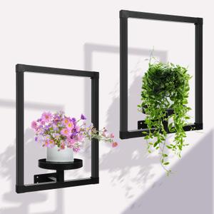 2 Pcs Wall Planters for Indoor Plants Wall Plant Holder Window Plant Shelves Picture Frame Hanging Planters for Indoor Outdoor Living Room Balcony Garden Patio, Black(Rectangle Style)
