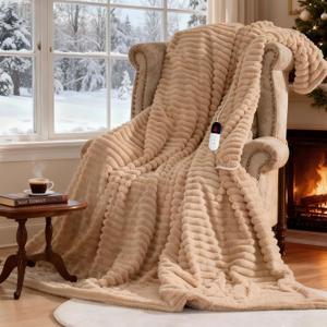 Heated Electric Blanket Throw: 6-Level Fast Heating, 4-Hour Auto-Off, Soft&Warm Stripe Faux Rabbit Fur, for Couch Home Office, with Overheating Protection & ETL Certified (50 x 60,Khaki)