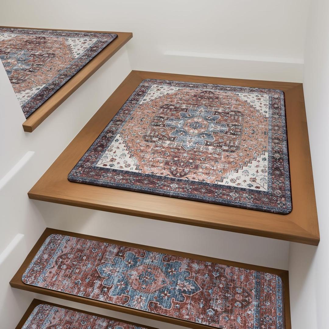 OJIA Non-Slip Stair Treads Matching Mat for Wooden Steps, Square Rubber Backing Anti-Slip Stair Carpet Landing Mat Stair Rugs 31x31 inch (Brick Red)