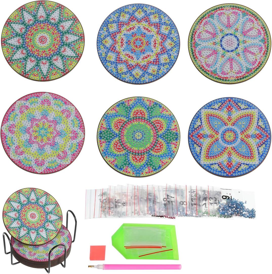 PATIKIL Diamond Art Coasters, 6 PCS Diamond Art Painting Coasters Kit Small DIY Coaster 5D with Holder for Adults Gift Christmas, Mandala Flowers