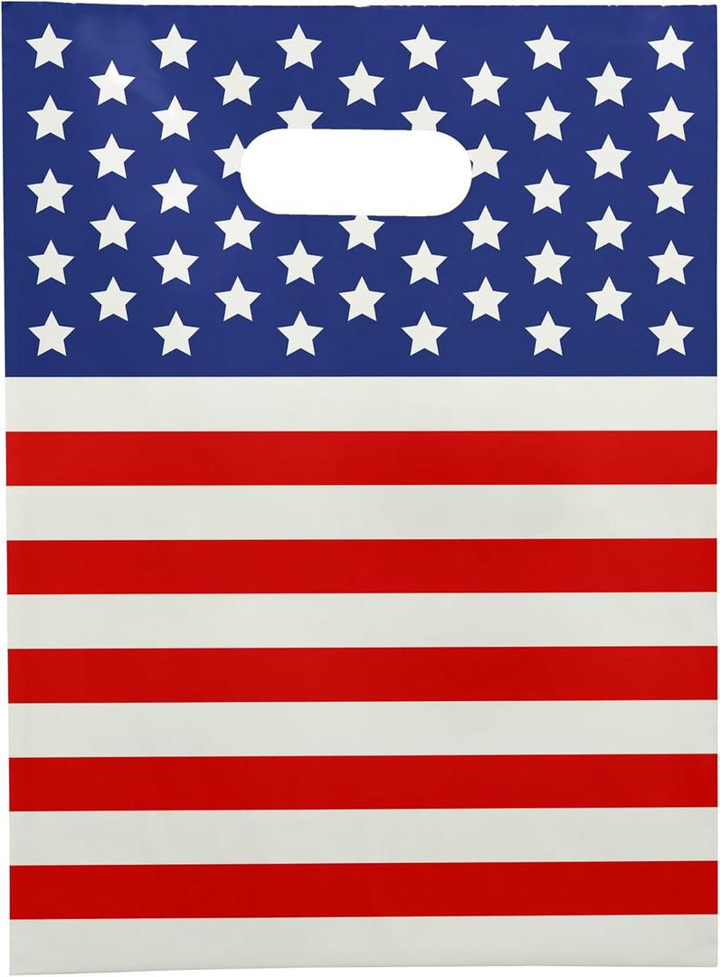 Choice Marts Memorial Day Bags Bulk, 100 Count USA Flag 9" x 12", Plastic Merchandise with Handles, 1.5 Mil Thick Patriotic Goodie Bags