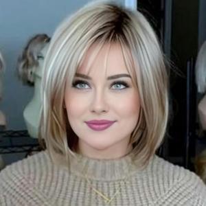 RENERSHOW Medium Length Bob Wigs for White Women Layered Blonde Highlight Straight Pixie Bob Wig with Bangs Heat Synthetic Natural Daily Party Wig 12inch Average Size Wig