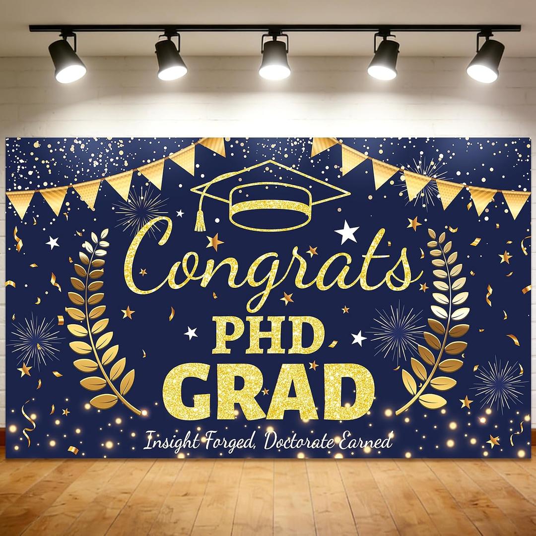 PhD Graduation Decorations, 71×43'' Congrats PhD Grad Backdrop, Navy Gold Doctorate Graduation Banner for Photography, Doctoral Degree Party Supplies-Insight Forged, Doctorate Earned