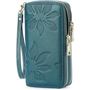 GOIACII Women's Wallet Large Capacity Double Zip Ladies Card Phone Holder RFID Blocking Wristlet Leather (A02 Teal)