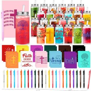 72 Pcs Christian Gifts Bulk, 13.5 oz Bible Verse Cups with Lids Straws Religious Notebooks Scripture Ballpoint Pens Church Gifts for Women Men Volunteer Team Staff Christian Party Favors