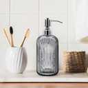 18 Oz Glass Soap Dispenser with Stainless Steel Pump, Modern Ribbed Design Refillable Liquid Soap Bottle for Bathroom, Kitchen, Hand Soap, Dish Soap, or Lotion (Grey)