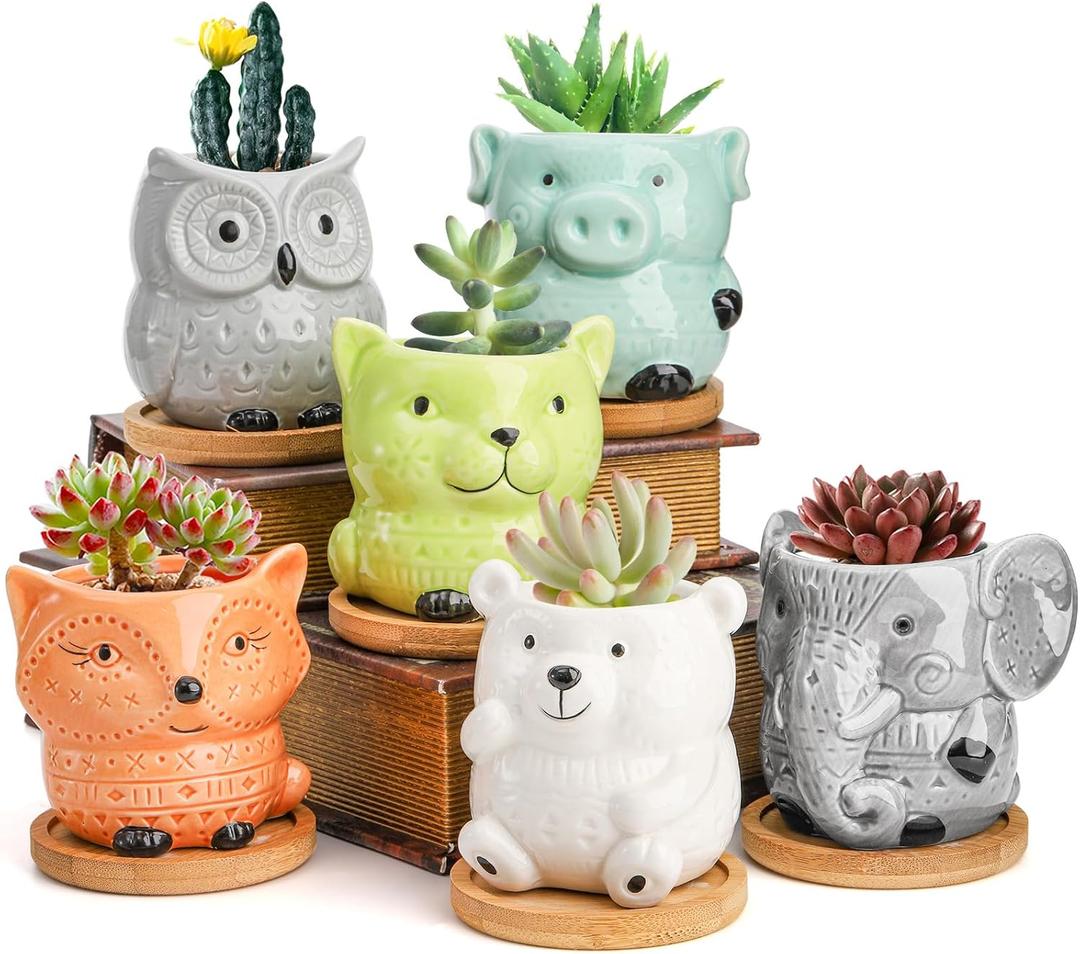 Frcctre 6 Pack Small Ceramic Succulent Planter With Drainage and Bamboo Tray, Cute Animal Flower Pots for Indoor Plants, Cactus, Garden, Home Decor