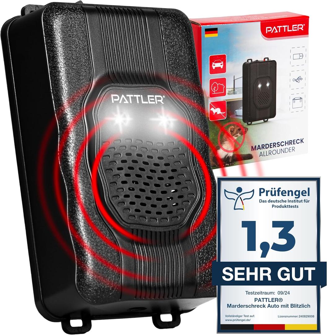 Marten deterrent car with flash light, marten repellent with flexible power supply, 12 V car battery, AA battery or USB, effective marten protection for car, garden, attic, 1 piece