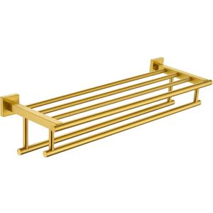 Bathroom Towel Shelf with Holder, Angle Simple SUS304 Stainless Steel Bath Towel Rack with Double Towel Bar, Wall Mount, Brushed Gold 23.62 Inches