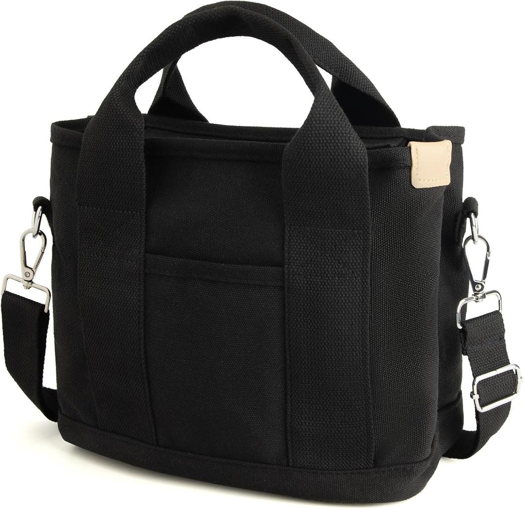 IwIeIaIrI Canvas Tote Bag for Women with Multi Pockets,Trendy Shoulder Handbag with Compartments for Shopping,Work,Beach (Small, Black)