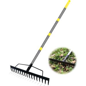 Heavy Duty Bow Rake 17 Tines Metal Rakes Garden Rake with Adjustable Handle for Leaves, Lawn, Soil, Sod - 35"-67" Telescopic Handle (Black)