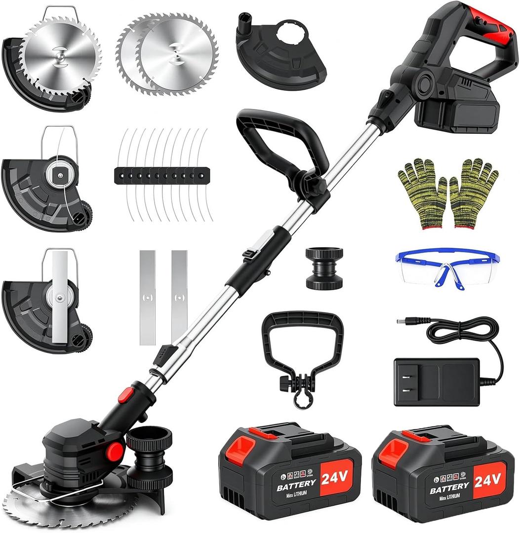 24V Cordless Weed Wacker with 2x4000mAh Batteries 8-inch Foldable